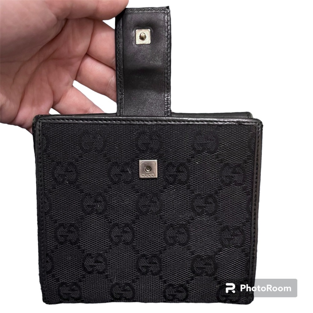 Gucci Vintage Black Leather & Canvas GG Print Small Unisex Bifold Wallet - Picture 8 of 15